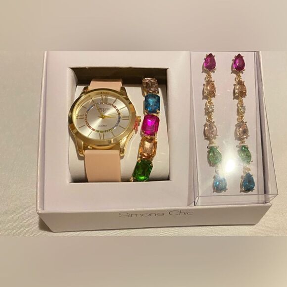 🛍️Simone Chic Golden Tone Glitter Rhinestone Pink Band 4PC watch set 💥 - Picture 5 of 10